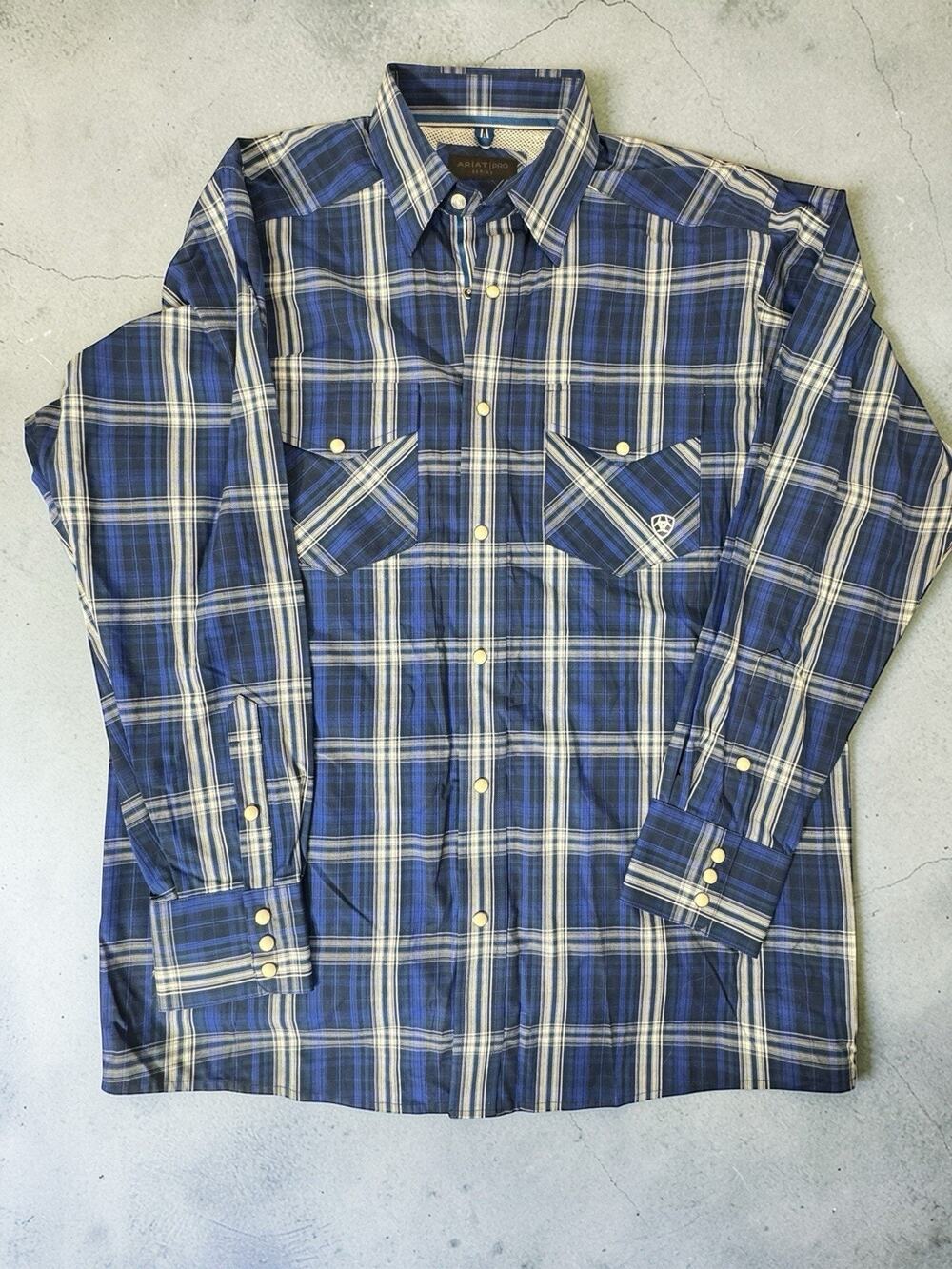 Ariat Pro Series Shirt Mens Medium Blue Plaid Button Down Western Snap